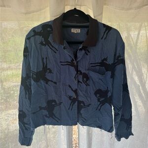 Vintage Navy Horse-Print Cropped blouse
